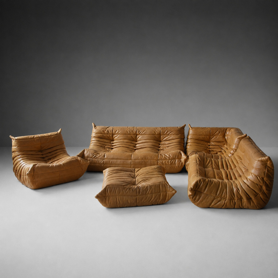 Sofa modułowa Togo vintage, zestaw 5 elementów w skórze camel, proj. Michel Ducaroy dla Ligne Roset, lata 70.