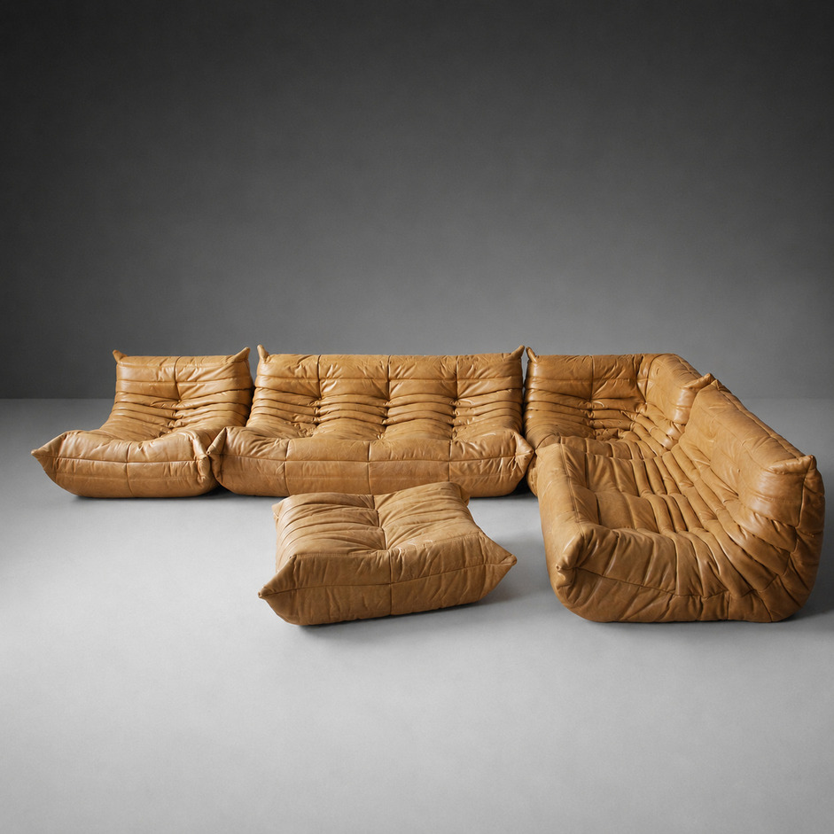 Komplet sofy Togo vintage z 5 modułów w skórze camel, proj. Michel Ducaroy dla Ligne Roset, lata 70.