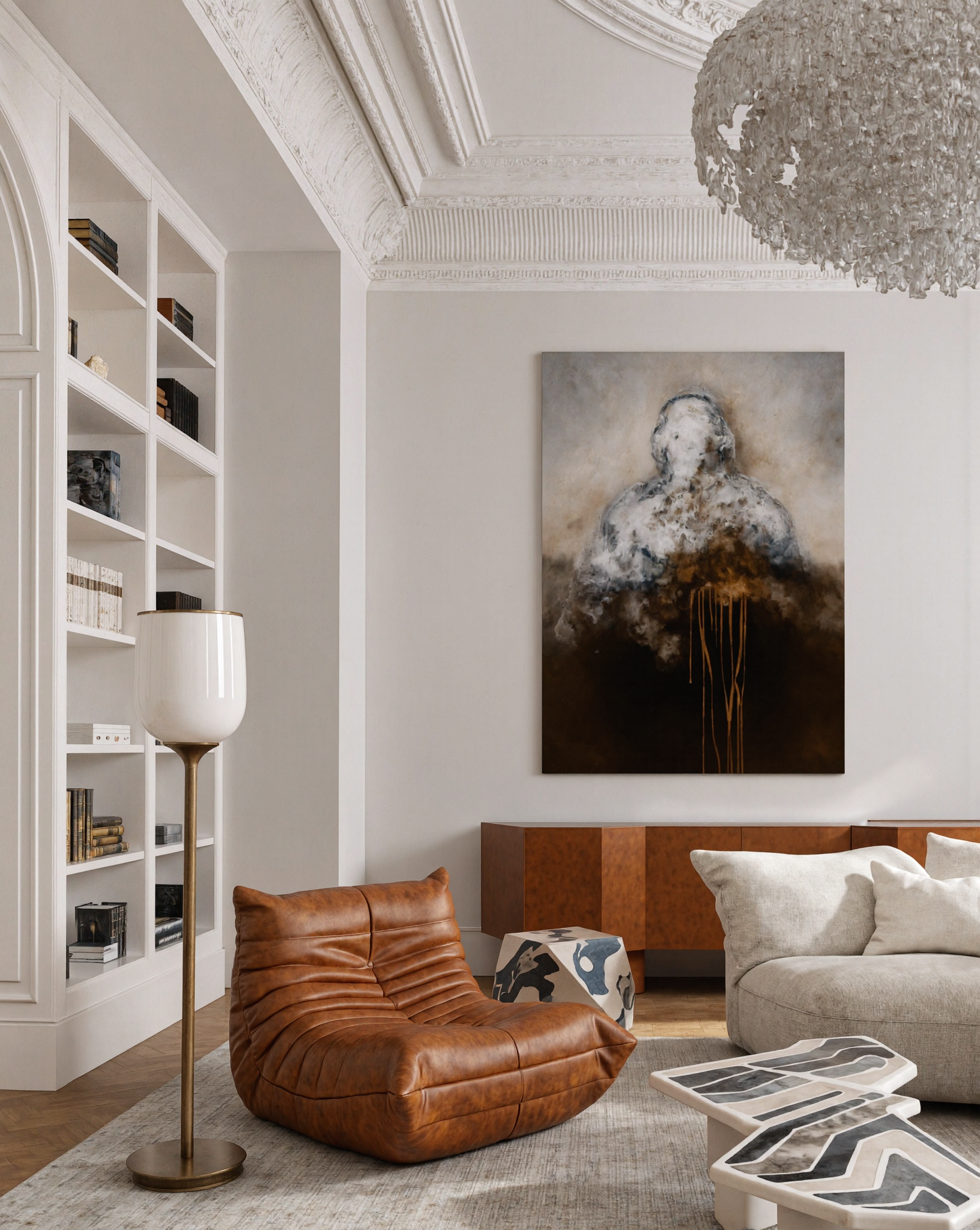 Fotel Togo vintage w brązowej skórze naturalnej, proj. Michel Ducaroy dla Ligne Roset, w aranżacji współczesnego wnętrza