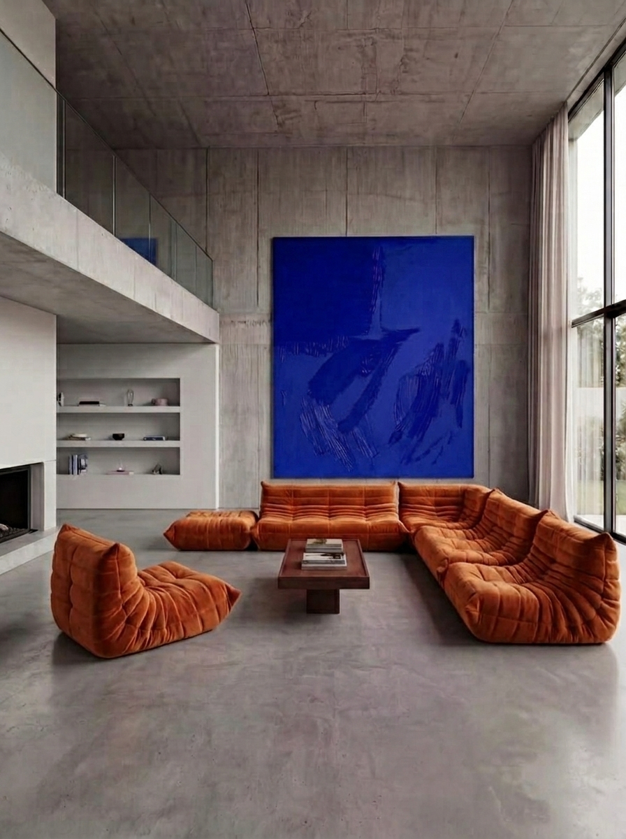 Pomarańczowy zestaw Togo vintage w sztruksie (corduroy), sofa i fotele proj. Michel Ducaroy dla Ligne Roset