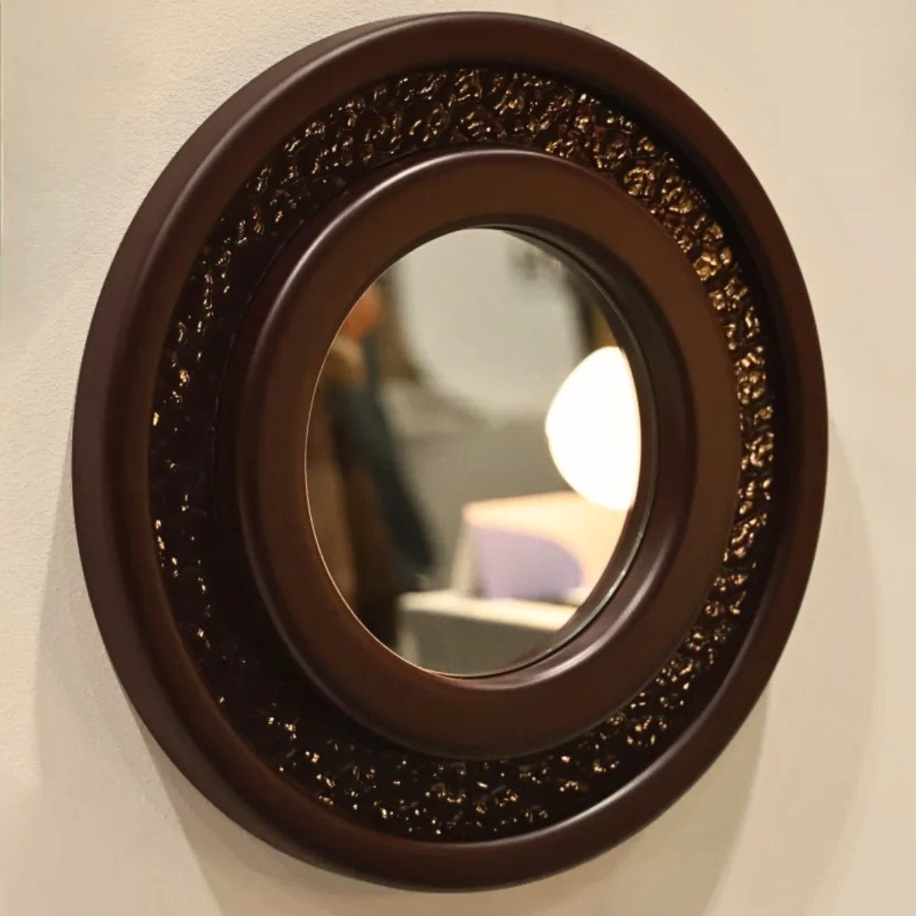Burgundy KID 03 HI BEAUTY! ornamental wall mirror by please touch, close-up of lacquered frame and ornamental translucent insert, Poland, 2025