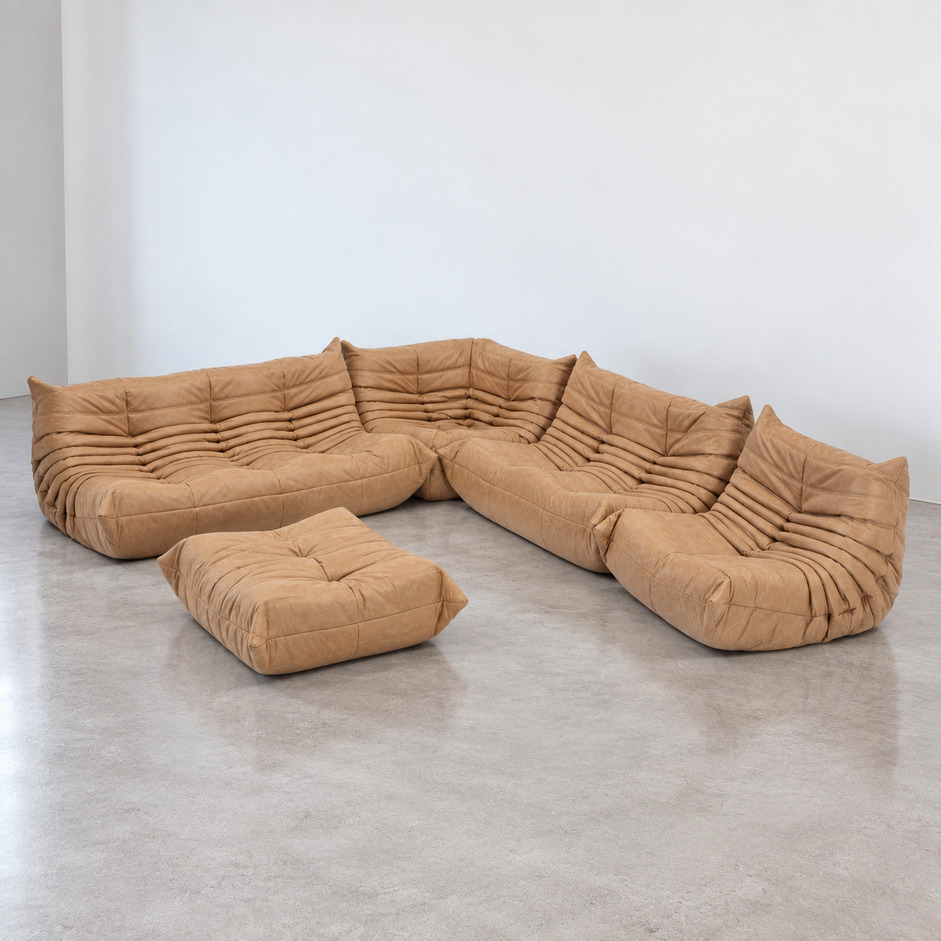 Sofa modułowa Togo vintage w jasnobrązowej skórze z pufem, Michel Ducaroy, Ligne Roset