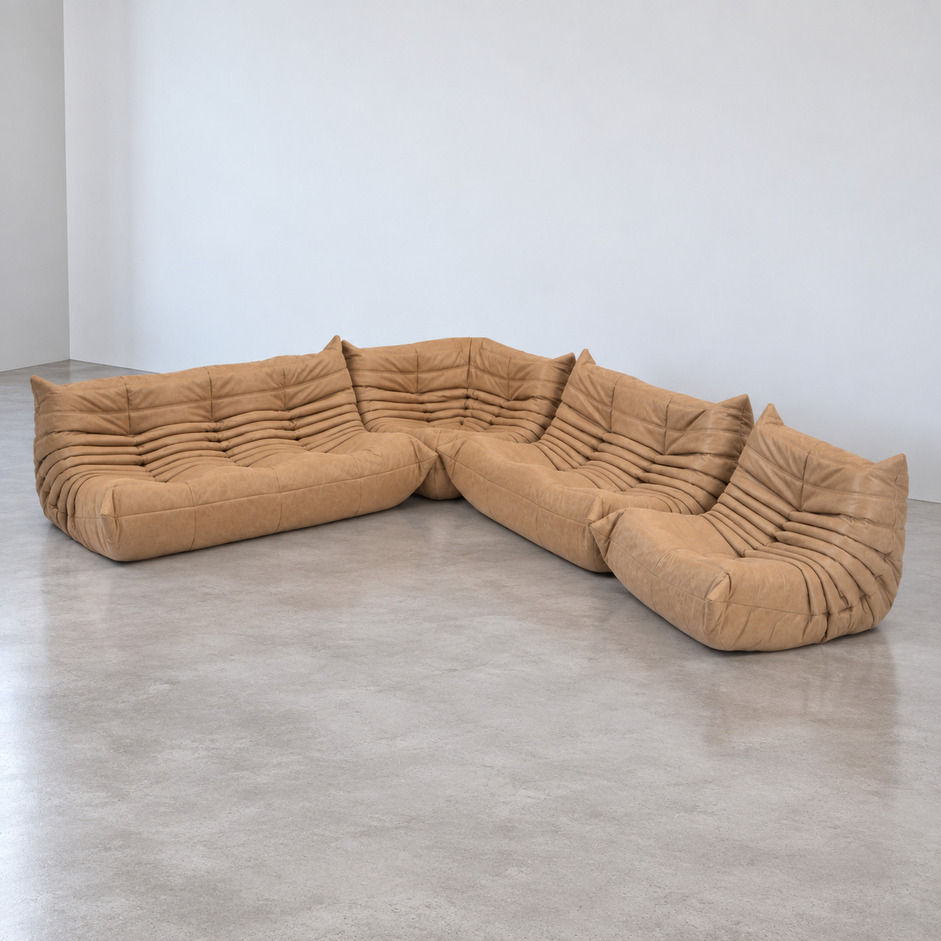 Sofa modułowa Togo vintage w skórze camel, układ narożny, Michel Ducaroy, Ligne Roset