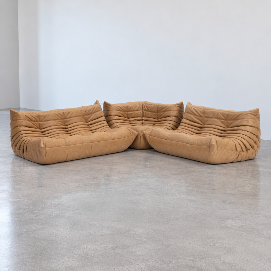 Sofa modułowa Togo vintage w skórze camel, układ narożny, Michel Ducaroy, Ligne Roset