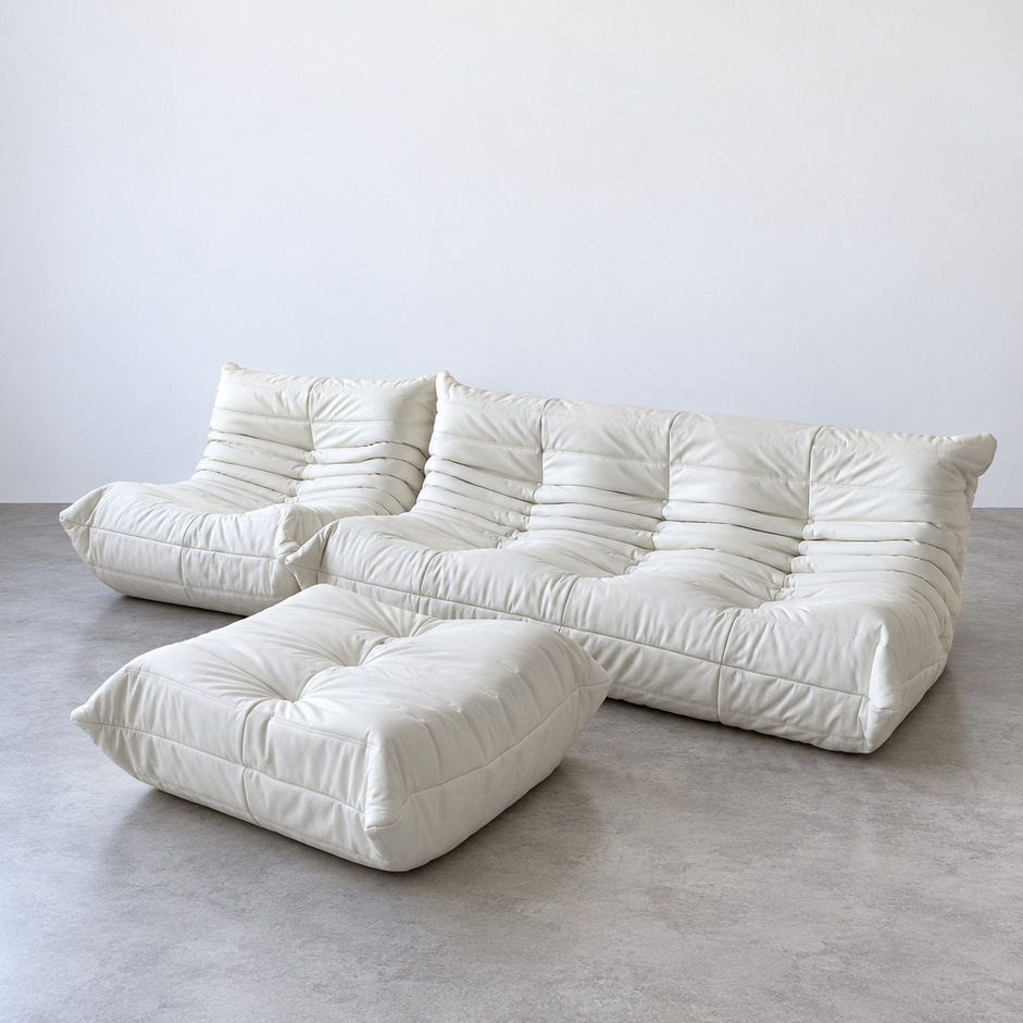 Togo vintage white leather z pufem, sofa modułowa Michel Ducaroy dla Ligne Roset