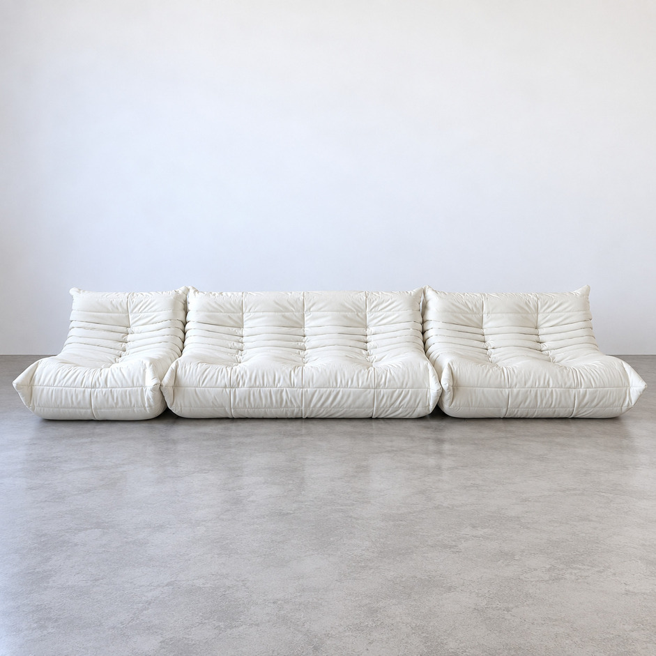 Sofa Togo vintage w białej skórze, Michel Ducaroy dla Ligne Roset, lata 70.