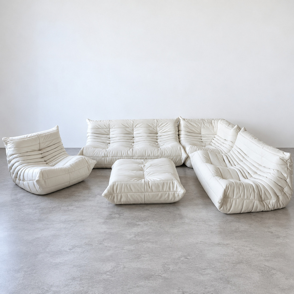 Togo sofa set vintage w białej skórze z pufem, Michel Ducaroy dla Ligne Roset