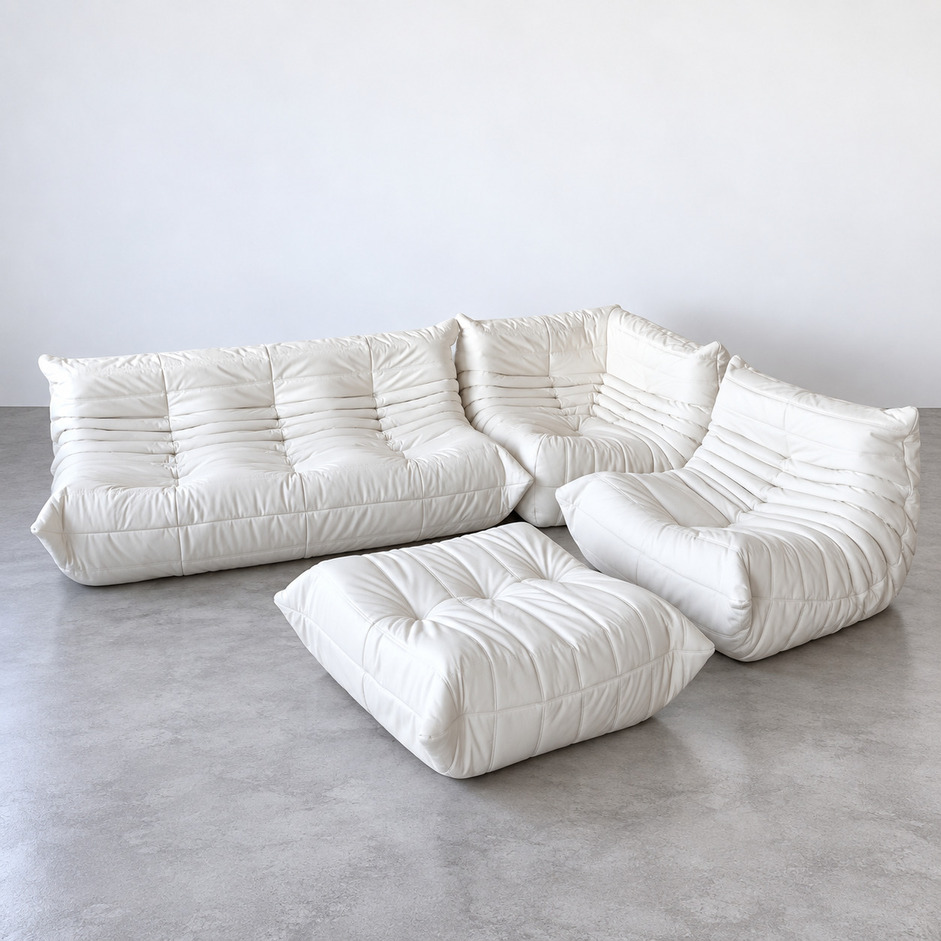 Togo vintage w białej skórze, zestaw modułów z pufem, Michel Ducaroy, Ligne Roset