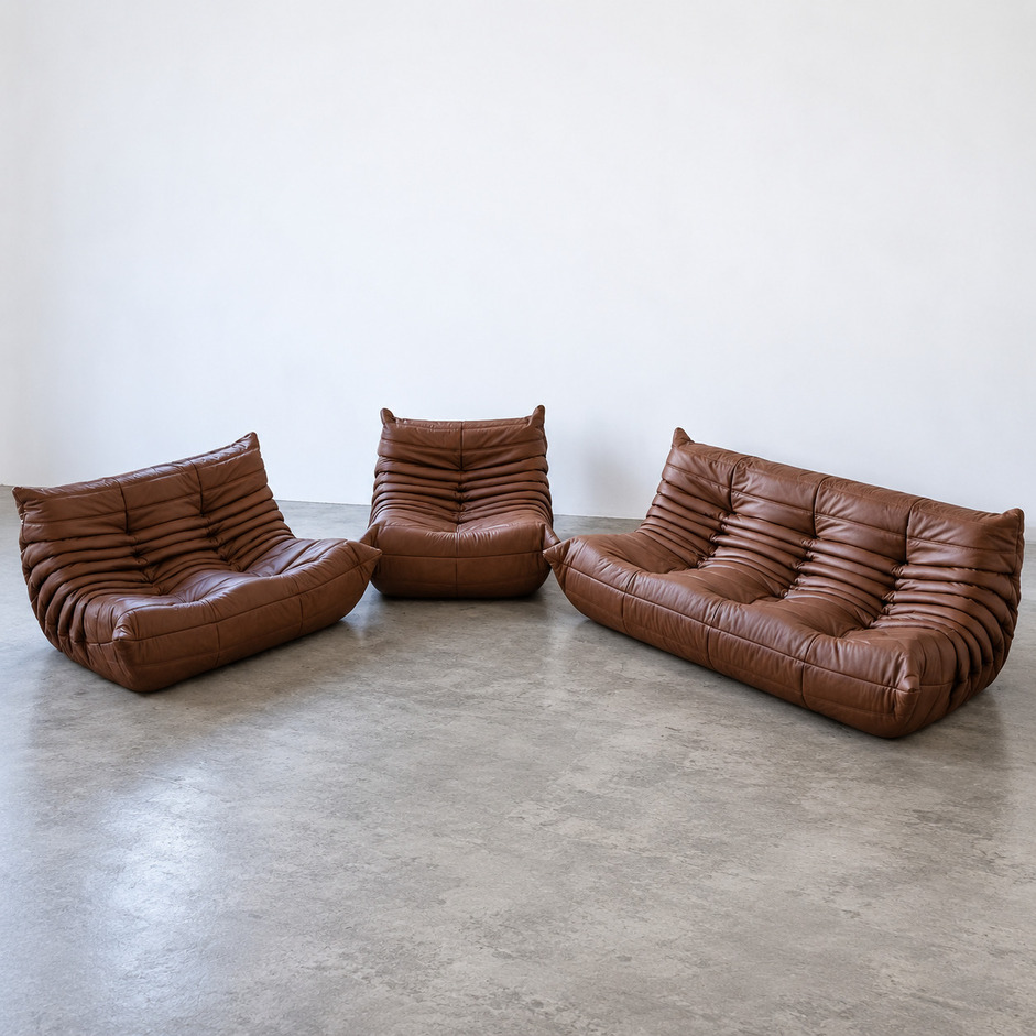 Sofa modułowa Togo vintage w brązowej skórze, Michel Ducaroy dla Ligne Roset