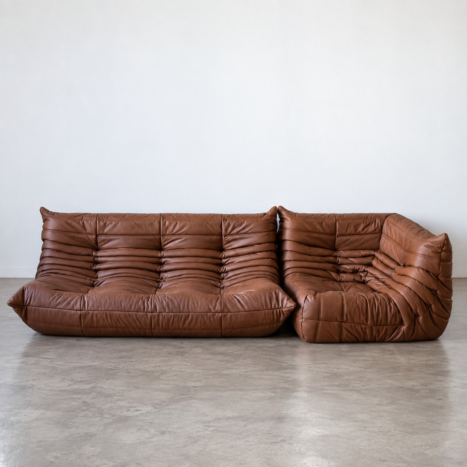 Sofa Togo vintage w brązowej skórze folk, Michel Ducaroy dla Ligne Roset, lata 70.