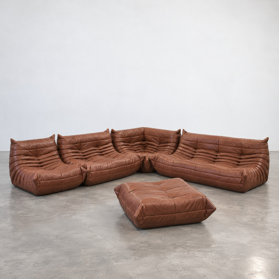 Sofa modułowa Togo vintage w brązowej skórze Kentucky, komplet z pufem, Michel Ducaroy, Ligne Roset