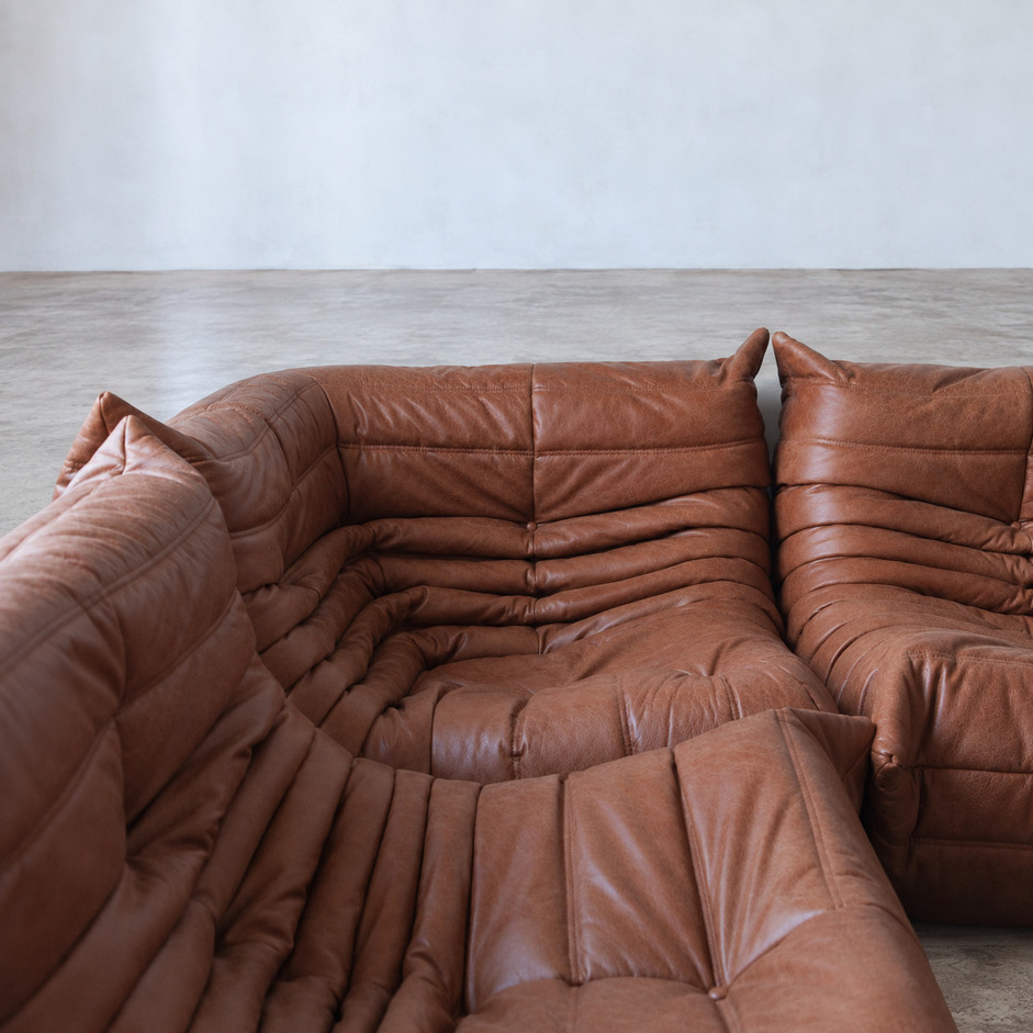 Narożna sofa Togo vintage w brązowej skórze, Michel Ducaroy, Ligne Roset
