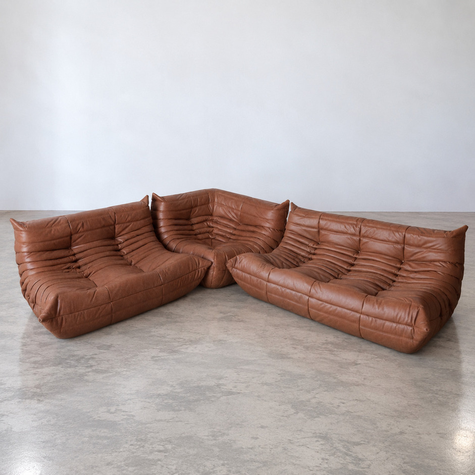 Sofa modułowa Togo vintage w brązowej skórze, Michel Ducaroy, Ligne Roset