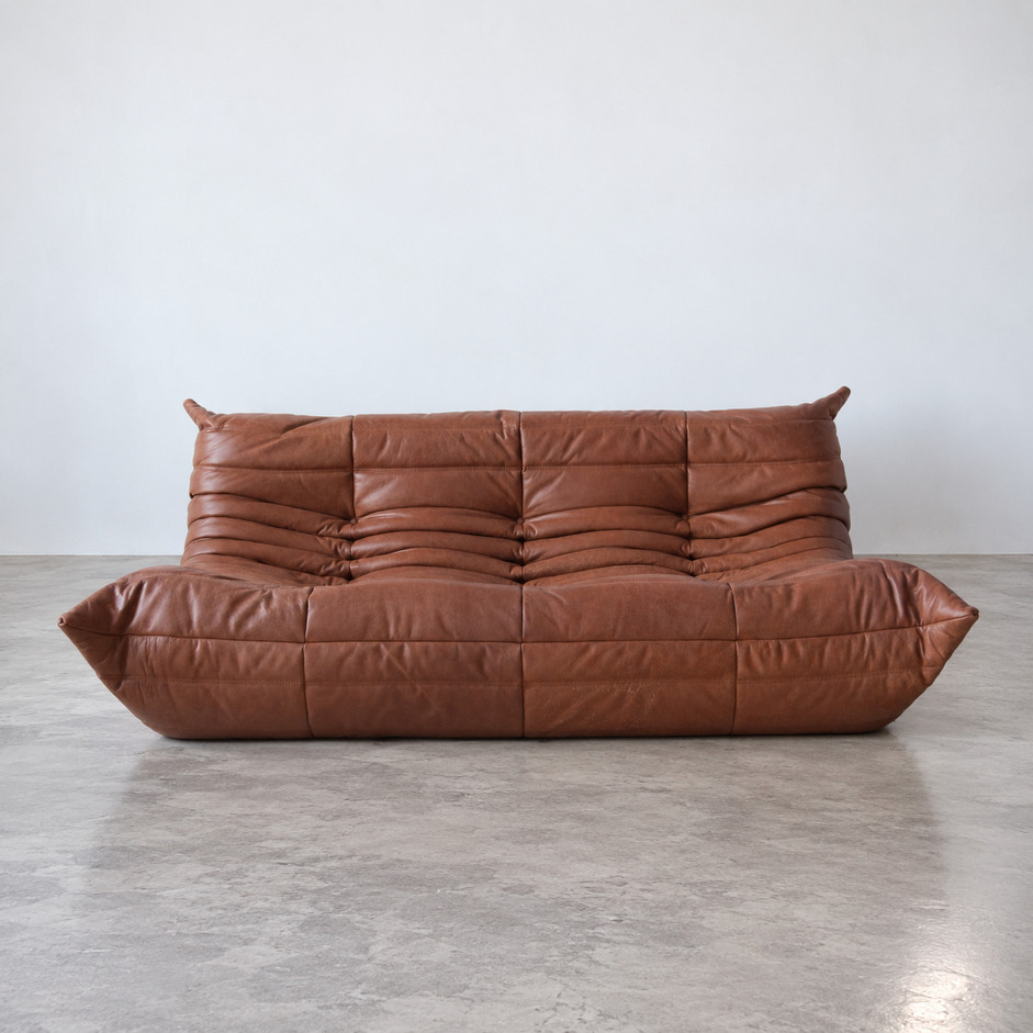Sofa Togo 3 osobowa vintage w brązowej skórze Kentucky, Michel Ducaroy, Ligne Roset