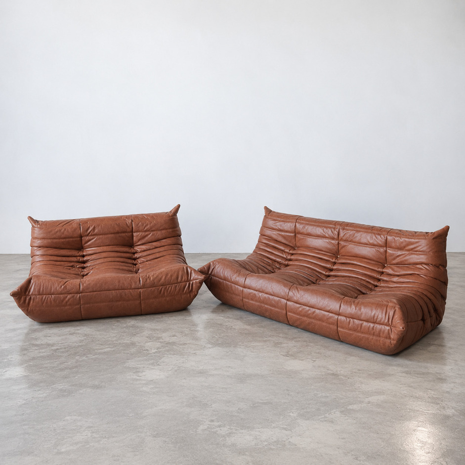 Sofy Togo 2 i 3 osobowa vintage w brązowej skórze Kentucky, Michel Ducaroy, Ligne Roset