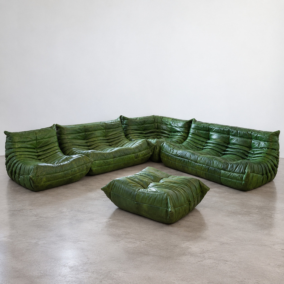 Sofa modułowa Togo vintage w zielonej skórze, komplet z pufem, Michel Ducaroy, Ligne Roset