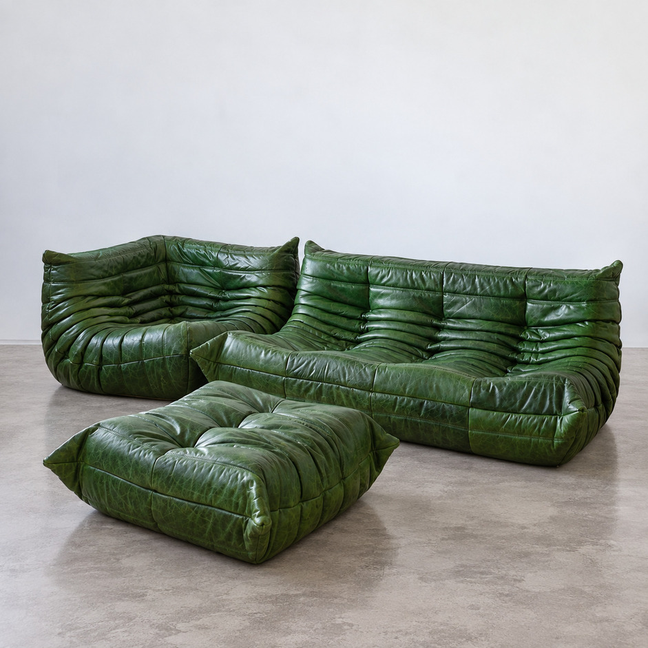 Sofa Togo vintage w zielonej skórze Dubai, zestaw modułowy z pufem, Ligne Roset