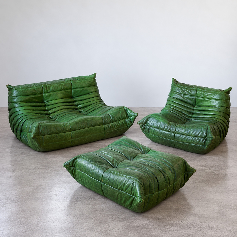 Komplet Togo vintage w zielonej skórze, sofa modułowa i puf, Michel Ducaroy, Ligne Roset