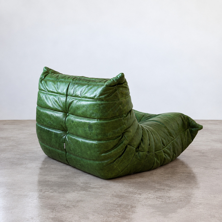 Fotel Togo vintage w zielonej skórze, Michel Ducaroy dla Ligne Roset, Francja
