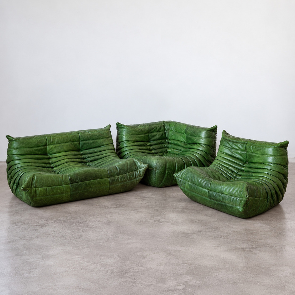 Sofa Togo vintage green leather, Michel Ducaroy dla Ligne Roset, lata 70.