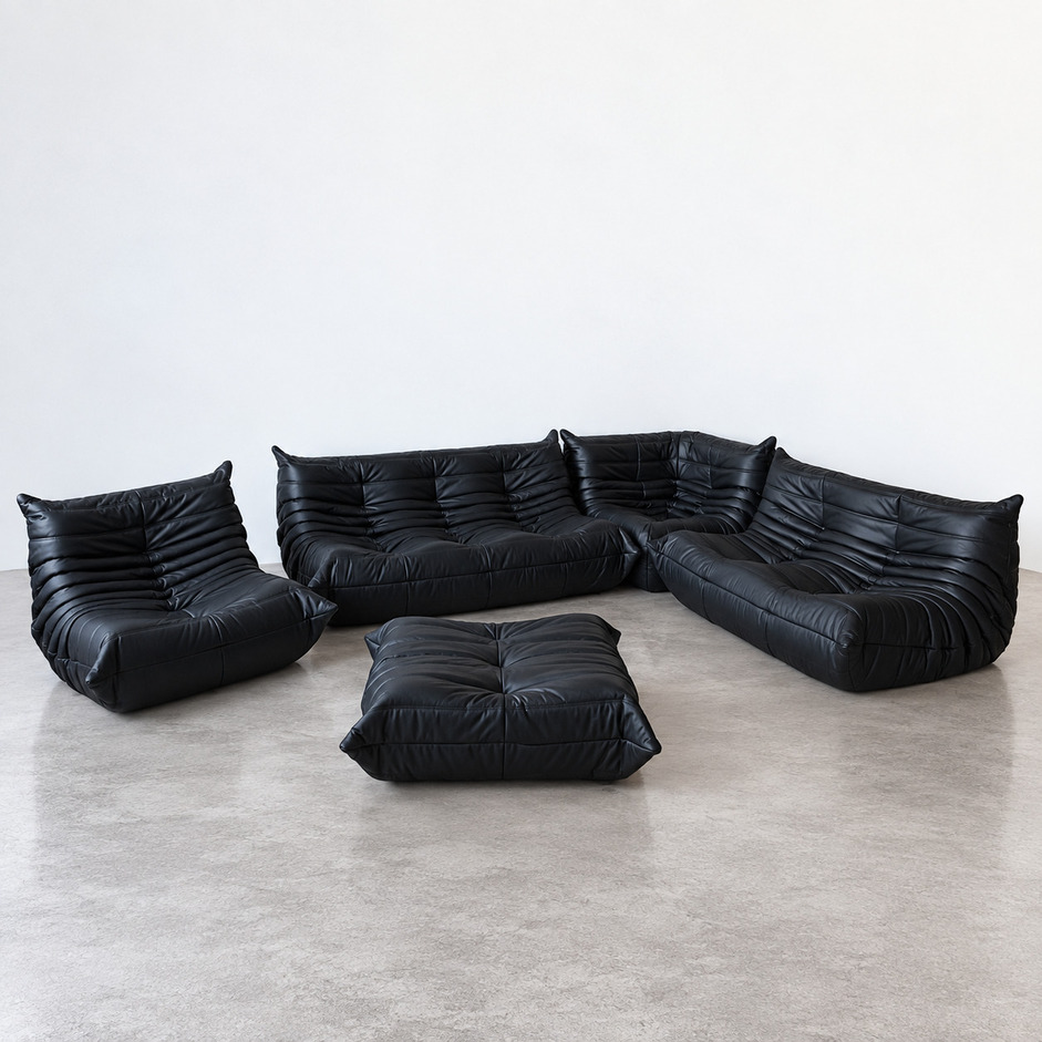 Zestaw 5 modułów sofy Togo vintage w czarnej skórze, Michel Ducaroy dla Ligne Roset