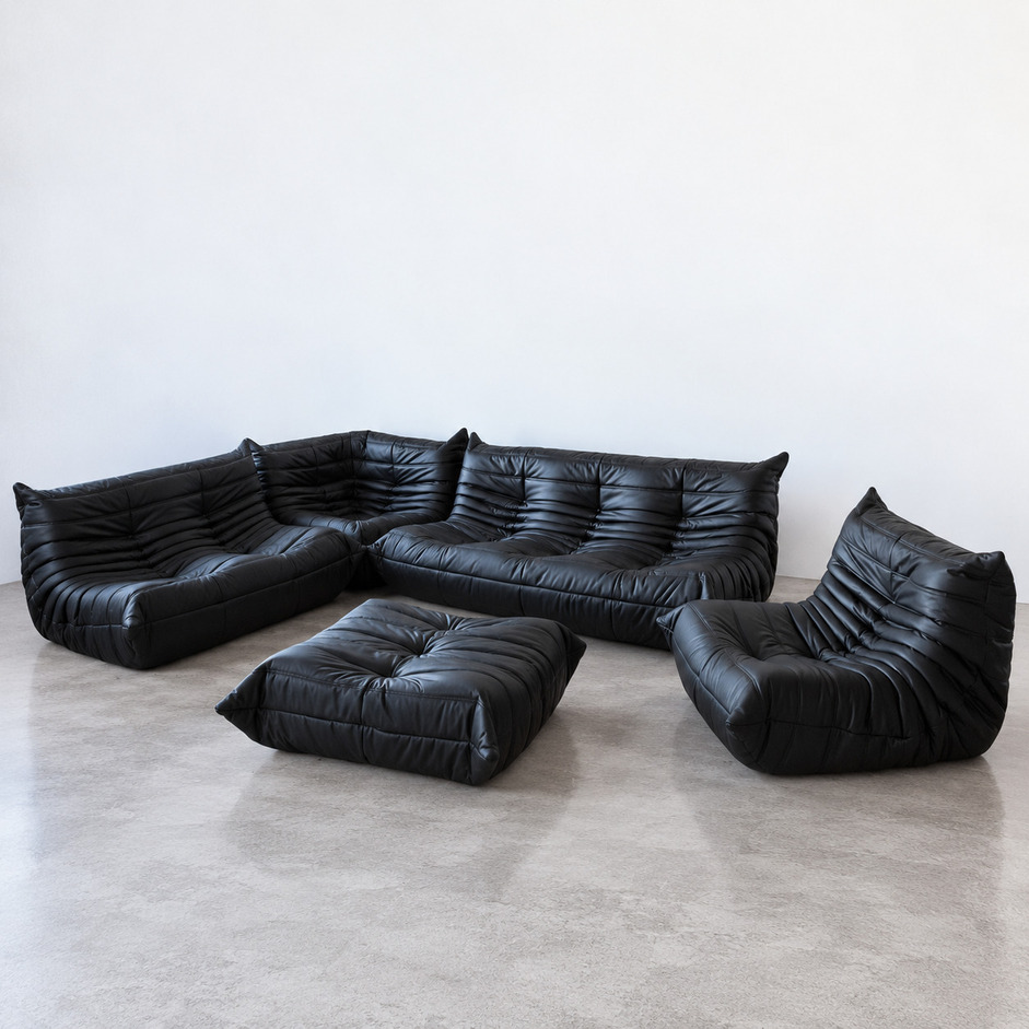 Zestaw 5 modułów sofy Togo vintage w czarnej skórze, proj. Michel Ducaroy