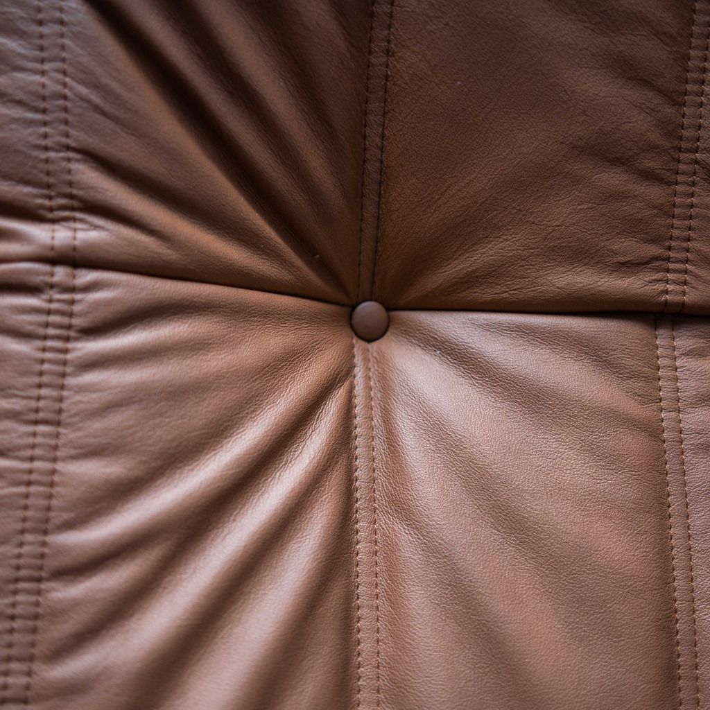Pufa Togo vintage, zbliżenie brązowej skóry Brown Leather Folk z guzikiem tapicerskim, promienistymi marszczeniami i widocznymi przeszyciami.